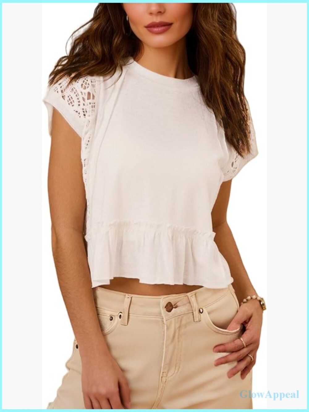 Cropped Lace Crochet Crewneck Cap Sleeve Peplum Blouse Top